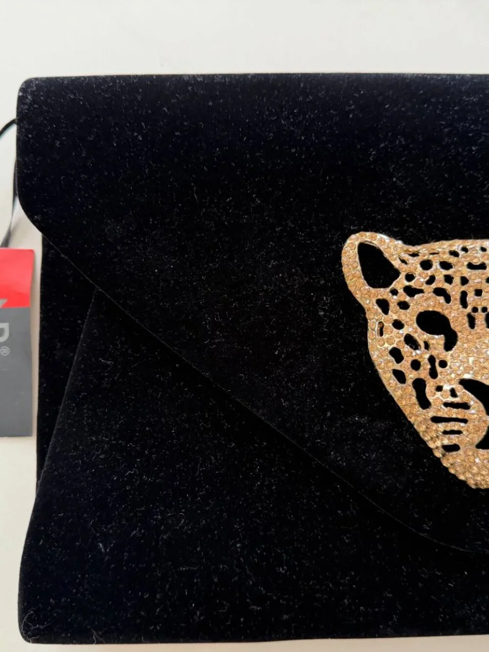 NWT! JNB Black Velvet Clutch w/Gold tone Leopard piece Medallion.